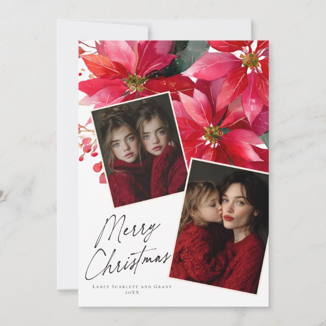 Tarjeta Festiva Merry Christmas Poinsettia Flower Holiday Card (Anverso)