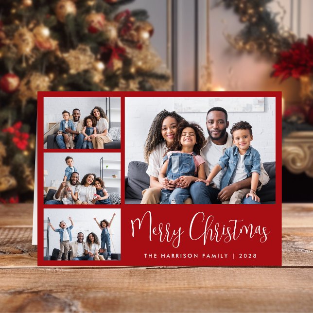 Tarjeta Festiva Merry Christmas Red 4 Photo (Share the love and warmth of the season with a personalized 4 photo Christmas card)