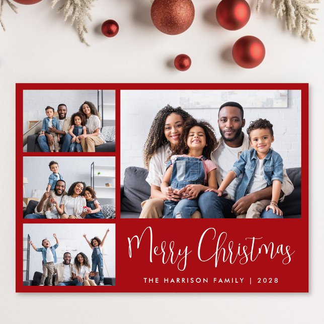 Tarjeta Festiva Merry Christmas Red 6 Photo (Share the love and warmth of the season with a personalized 6 photo Christmas card)