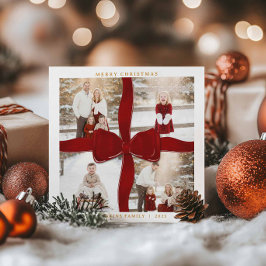 Tarjeta Festiva Merry Christmas Red Bow 4 Photo Holiday Card