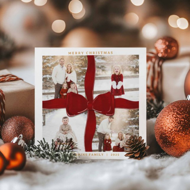 Tarjeta Festiva Merry Christmas Red Bow 4 Photo Holiday Card (Classic Red Bow Merry Christmas 4 Photo Card)