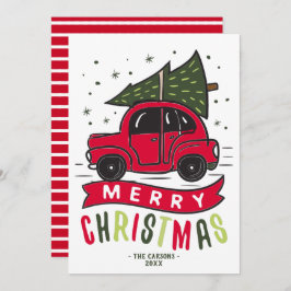 Tarjeta Festiva Merry Christmas Red Car Tree Name Template Cute