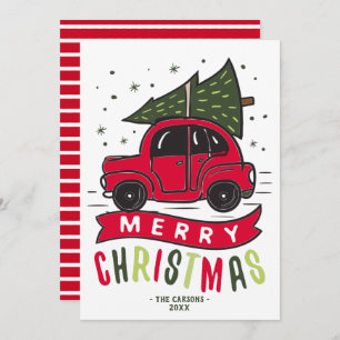 Tarjeta Festiva Merry Christmas Red Car Tree Name Template Cute