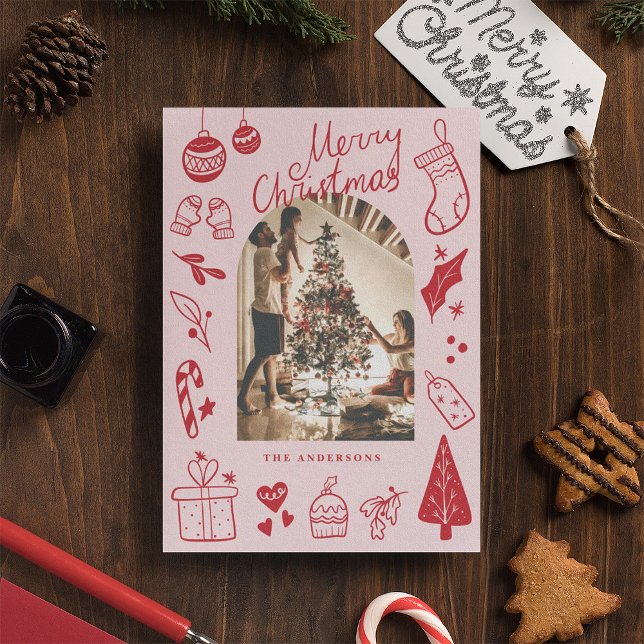 Tarjeta Festiva Merry Christmas Red Cute Hand Drawn Doodles (Subido por el creador)