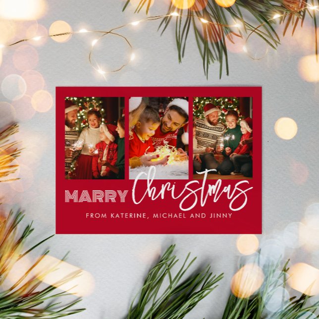 Tarjeta Festiva Merry Christmas Red Photo Collage Family Card (Subido por el creador)