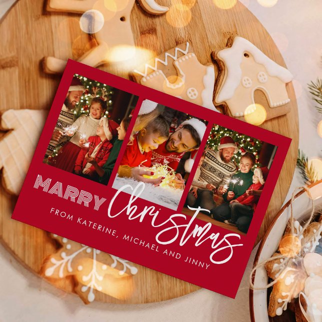 Tarjeta Festiva Merry Christmas Red Photo Collage Family Card (Subido por el creador)