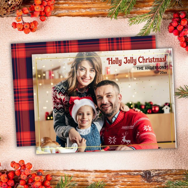 Tarjeta Festiva Merry Christmas red plaid 1 foto gold (Front/Back )