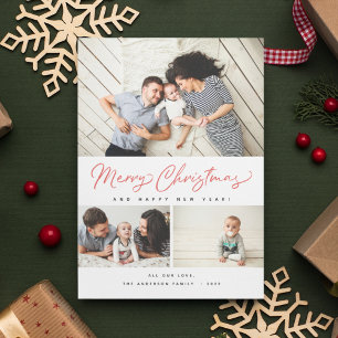 Tarjeta Festiva Merry Christmas Red Script 3 Collage Multi-Photo