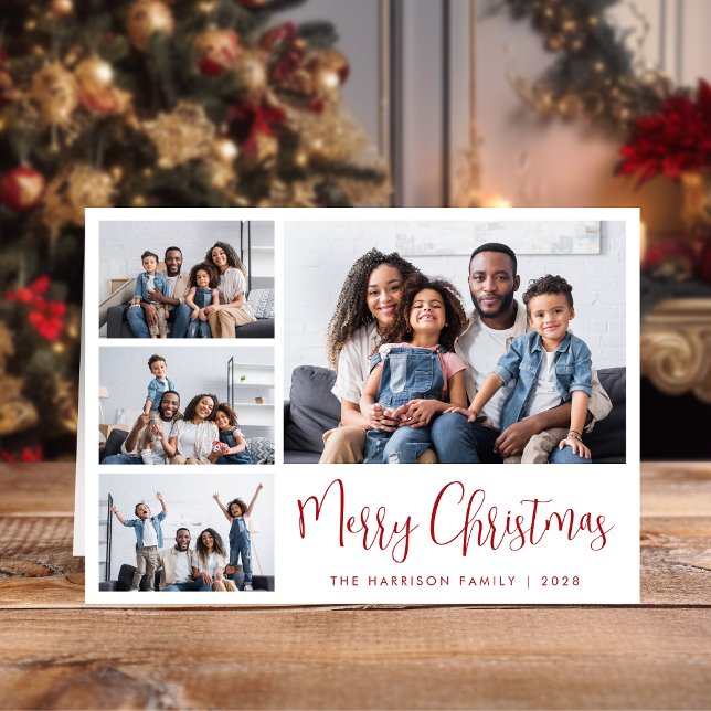 Tarjeta Festiva Merry Christmas Red Script 4 Photo (Share the love and warmth of the season with a personalized photo Christmas card)