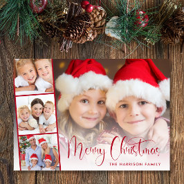 Tarjeta Festiva Merry Christmas Red Script 4 Photo Strip