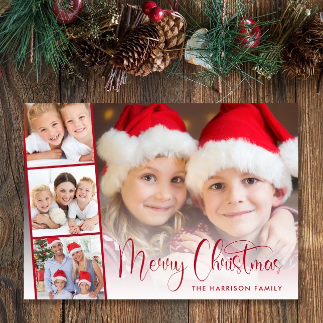 Tarjeta Festiva Merry Christmas Red Script 4 Photo Strip (This holiday season, let your family's smiles and heartwarming memories shine on our 4 photo card)