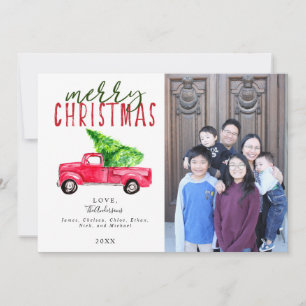 Tarjeta Festiva Merry Christmas Red Truck Tree 1 Photo Watercolor