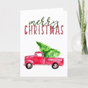 Tarjeta Festiva Merry Christmas Red Truck Tree Watercolor Simple