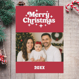 Tarjeta Festiva Merry Christmas red white retro photo card