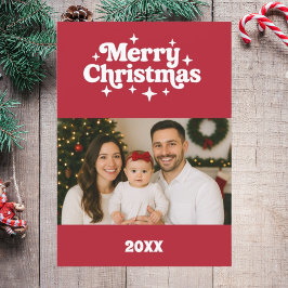 Tarjeta Festiva Merry Christmas red white retro photo card