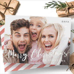 Tarjeta Festiva Merry Christmas Red White Stripes Modern Photo