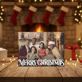 Tarjeta Festiva Merry Christmas Retro Script | Custom Four-Photo
