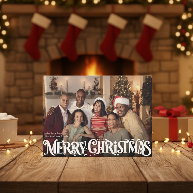 Tarjeta Festiva Merry Christmas Retro Script | Custom Four-Photo (Subido por el creador)