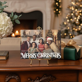 Tarjeta Festiva Merry Christmas Retro Script | Custom Four-Photo