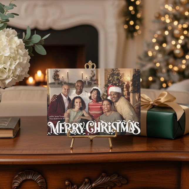 Tarjeta Festiva Merry Christmas Retro Script | Custom Four-Photo (Subido por el creador)