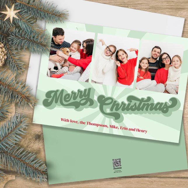 Tarjeta Festiva Merry Christmas Retro Typography Multi Photo Green (A retro-style green holiday 5x7 photo card with creative fun typography)