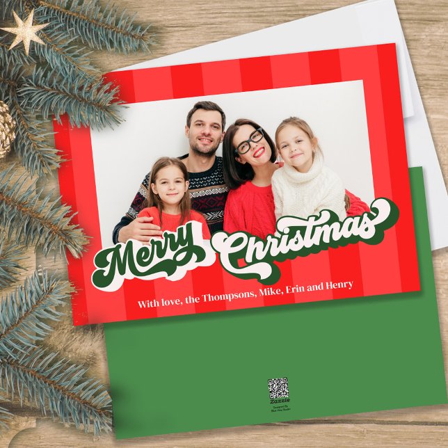 Tarjeta Festiva Merry Christmas Retro Typography Red Green Photo (Bright and bold Merry Christmas retro vintage typography photo card)