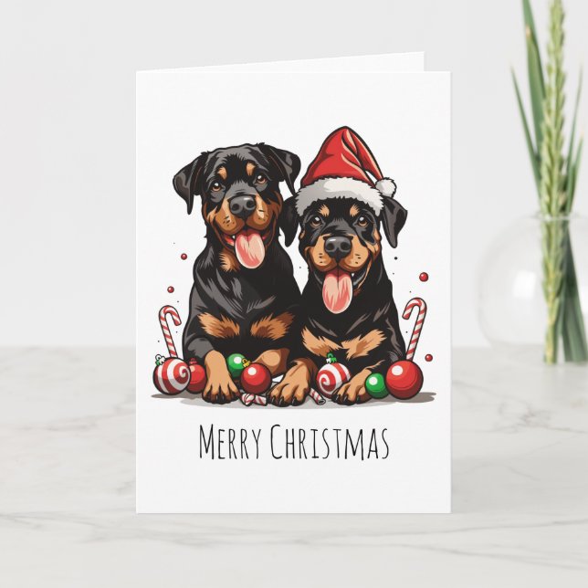 Tarjeta Festiva Merry Christmas Rottweiler Dog Santa (Anverso)