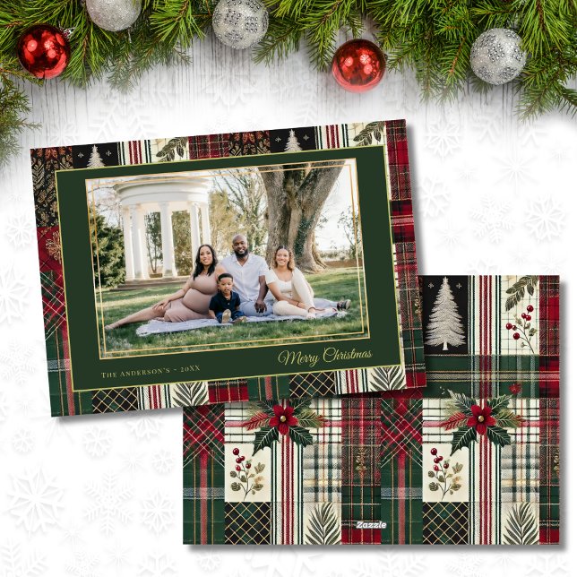 Tarjeta Festiva Merry Christmas Rustic Plaid Custom Photo  (Subido por el creador)
