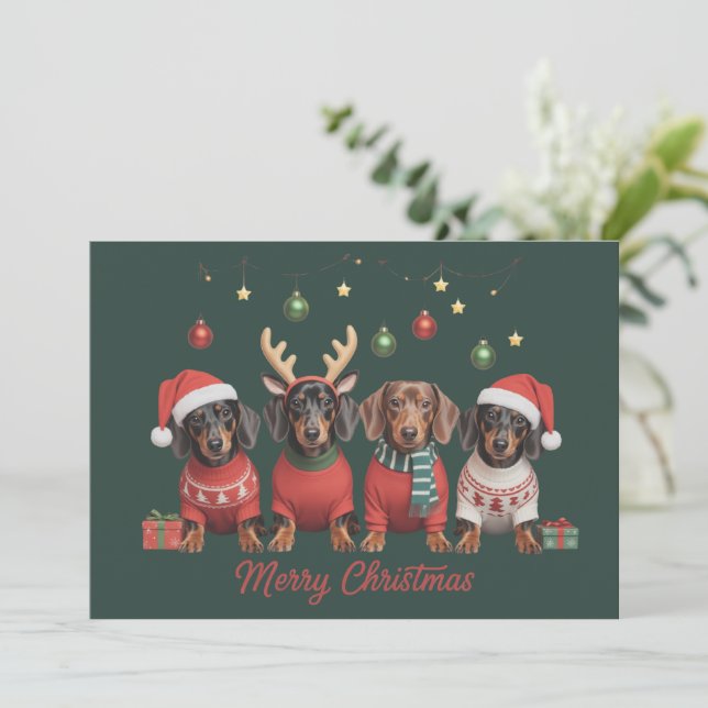 Tarjeta Festiva Merry Christmas Santa Reindeer Dachshund Weiner  (Anverso de pie)
