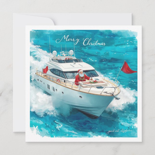 Tarjeta Festiva Merry Christmas Santa Sailing on a Yacht (Anverso)