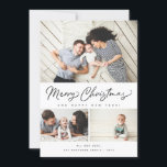 Tarjeta Festiva Merry Christmas Script 3 Collage Multi-Photo<br><div class="desc">Con un guión moderno en rojo con 3 de sus fotos. Viene con una foto en la parte de atrás también.</div>