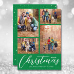 Tarjeta Festiva Merry Christmas Script 4 Collage Multi-Photo Green<br><div class="desc">Upload your favorite 4 photos to this Christmas photo card that features Merry Christmas and your names in chic white lettering on a green   background. Select Matte for heaviest paper and High Definition for best photo quality. MORE COLORS done for you in our store.</div>