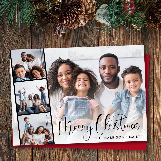 Tarjeta Festiva Merry Christmas Script 4 Photo (This holiday season, let your family's smiles and heartwarming memories shine on our 4 photo card)