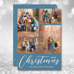 Tarjeta Festiva Merry Christmas Script 4 Photo Blue<br><div class="desc">Sube tus 4 fotos favoritas a esta tarjeta de fotos de Navidad que incluye Feliz Navidad y tus nombres con letras blancas de moda en un fondo azul. Seleccione Matte para el papel más pesado y la Alta Definición para la mejor calidad de la foto. MÁS COLORES hechos por usted...</div>
