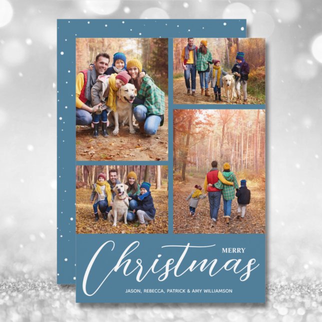 Tarjeta Festiva Merry Christmas Script 4 Photo Blue (Subido por el creador)