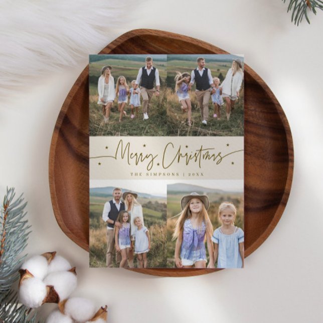 Tarjeta Festiva Merry Christmas Script Beige Multi Photo (Subido por el creador)