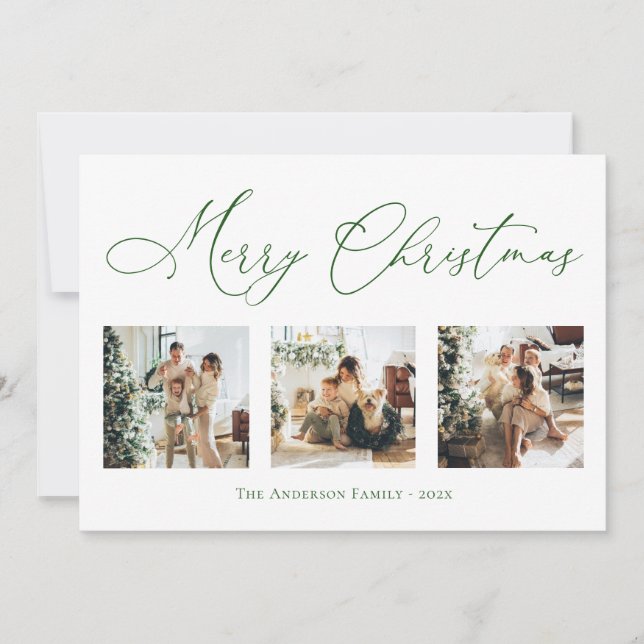 Tarjeta Festiva Merry Christmas Script Green 2 Multi Collage de fo (Anverso)
