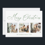Tarjeta Festiva Merry Christmas Script Green 2 Multi Collage de fo<br><div class="desc">Crea hermosos recuerdos esta temporada de vacaciones con esta tarjeta multifoto de vacaciones de collage. Esta tarjeta contiene un guión minimalista moderno con tus fotos favoritas en la parte delantera y una en la parte posterior. Personalice esta tarjeta de personalizable completa con su saludo, mensaje, nombre de familia y año....</div>