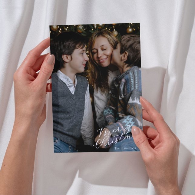 Tarjeta Festiva Merry Christmas Script Photo Navy (Subido por el creador)