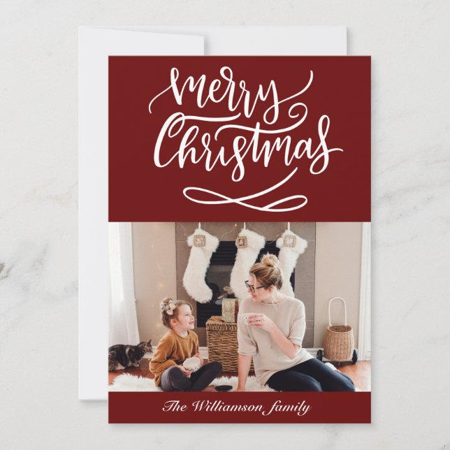 Tarjeta Festiva Merry Christmas Script Photo Red (Anverso)