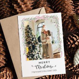 Tarjeta Festiva Merry Christmas Script Pink Bow Photo