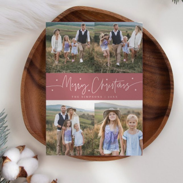 Tarjeta Festiva Merry Christmas Script Pink Multi Photo (Subido por el creador)