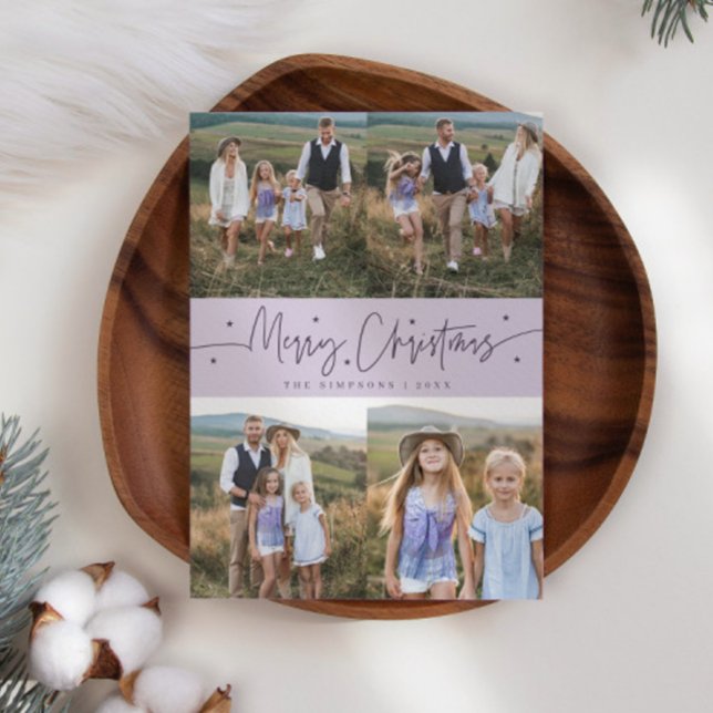 Tarjeta Festiva Merry Christmas Script Purple Multi Photo (Subido por el creador)