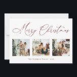 Tarjeta Festiva Merry Christmas Script Red 2 Multi Collage de foto<br><div class="desc">Crea hermosos recuerdos esta temporada de vacaciones con esta tarjeta multifoto de vacaciones de collage. Esta tarjeta contiene un guión minimalista moderno con tus fotos favoritas en la parte delantera y una en la parte posterior. Personalice esta tarjeta de personalizable completa con su saludo, mensaje, nombre de familia y año....</div>