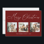 Tarjeta Festiva Merry Christmas Script Red 2 Multi Collage de foto<br><div class="desc">Crea hermosos recuerdos esta temporada de vacaciones con esta tarjeta multifoto de vacaciones de collage. Esta tarjeta contiene un guión minimalista moderno con tus fotos favoritas en la parte delantera y una en la parte posterior. Personalice esta tarjeta de personalizable completa con su saludo, mensaje, nombre de familia y año....</div>
