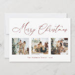 Tarjeta Festiva Merry Christmas Script Red Multi Collage de fotos<br><div class="desc">Crea hermosos recuerdos esta temporada de vacaciones con esta tarjeta multifoto de vacaciones de collage. Esta tarjeta contiene un guión minimalista moderno con tus fotos favoritas en la parte delantera y una en la parte posterior. Personalice esta tarjeta de personalizable completa con su saludo, mensaje, nombre de familia y año....</div>