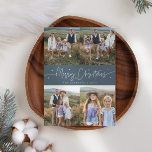 Tarjeta Festiva Merry Christmas Script Slate Blue Multi Photo