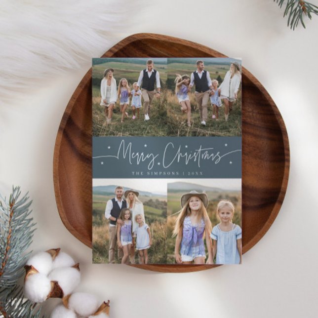 Tarjeta Festiva Merry Christmas Script Slate Blue Multi Photo (Subido por el creador)