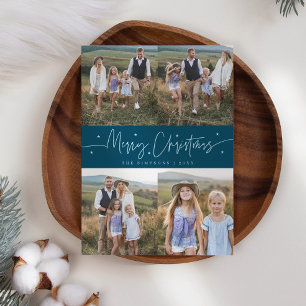 Tarjeta Festiva Merry Christmas Script Verde azulado Multi Photo