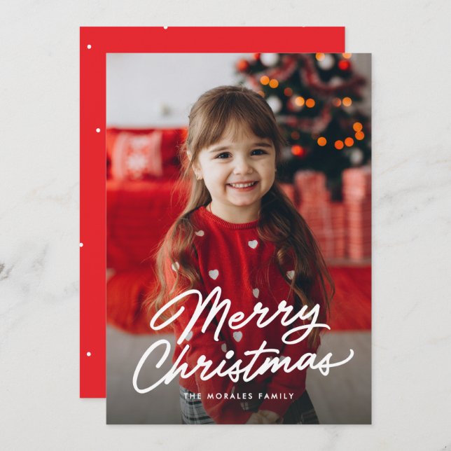 Tarjeta Festiva Merry Christmas simple casual script three photo (Anverso / Reverso)